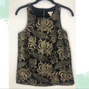 JCREW Black & Gold embroidered sleeveless blouse. Size 00